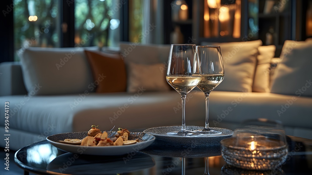 A cozy lounge with wine glasses and tapas plates on a luxurious table A cozy lounge with wine glasses and tapas plates on a luxurious table