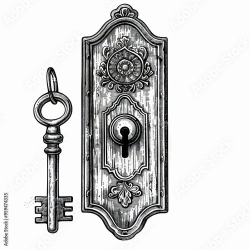 Vintage Door Lock and Key Illustration