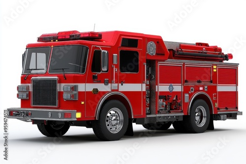 Red Fire Truck Isolated on White Background.