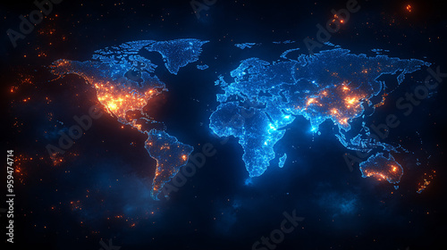 A blue world map with a captivating glow of the global network light, representing global connectivity and communication.