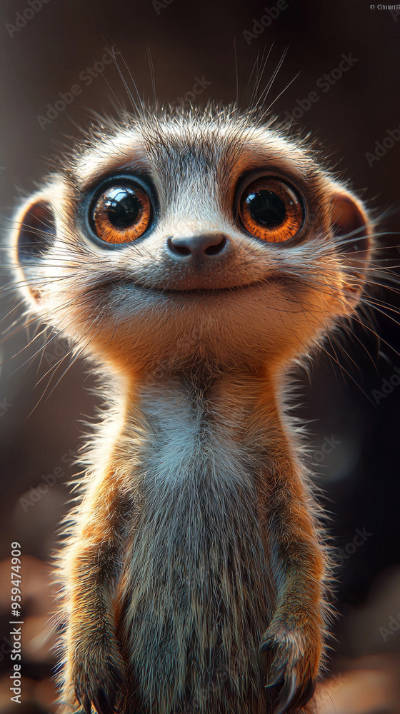 Fototapeta premium A cute meerkat with big brown eyes stares directly at the camera with a big, happy smile.