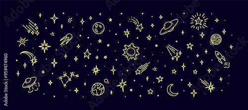Cute line doodle space background. Hand drawn planets, sun, moon, stars, spaceship collection. Childish drawing cosmic illustration. Crayon, ink, pencil drawing. Night starry sky