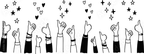 Raising hands with thumb up doodle background. Positive reaction for social media post, live stream, book, online shopping experience. Handwriting falling stars, bling, sparks, glitter, hearts.