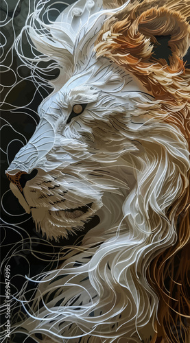 White Lion's Mane: Artistic Paper Cutout with Curly Hair and Eyes