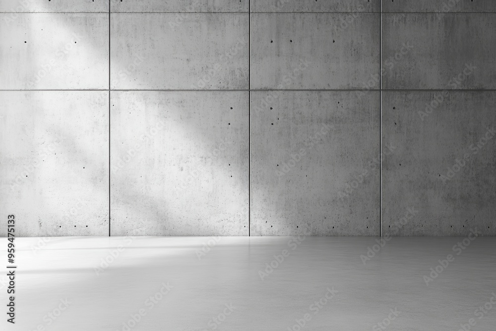 A minimalist, modern interior space with a concrete wall and a concrete floor. Sunlight streams through a window, casting long shadows across the floor. A minimalist, modern interior space with a concrete wall and a concrete floor. Sunlight streams through a window, casting long shadows across the floor.