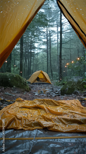 Yellow tent in the rain with a view of the forest