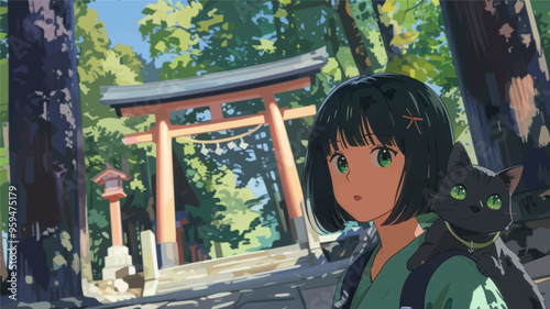 Young girl with cat in park setting