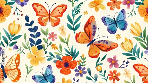 07250736 236. A cute cartoon seamless pattern featuring colorful butterflies fluttering among vibrant spring and summer flowers, with playful and whimsical details, creating a cheerful and lively