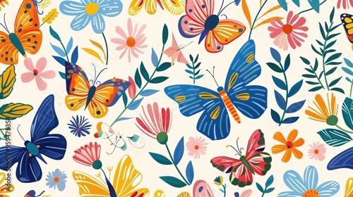 07250736 237. An adorable seamless pattern showcasing cartoon butterflies in bright, cheerful colors, surrounded by an array of blooming flowers, evoking the essence of spring and summer in a fun and