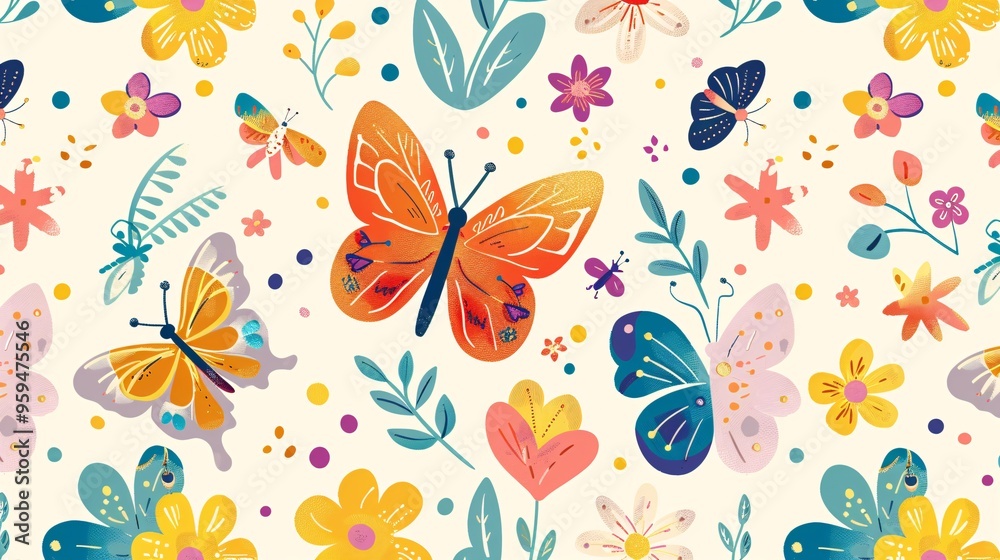 07250736 240. A lively seamless pattern of cartoon butterflies and flowers, with each element drawn in a cute and playful style, capturing the vibrant and joyous spirit of spring and summer 07250736 240. A lively seamless pattern of cartoon butterflies and flowers, with each element drawn in a cute and playful style, capturing the vibrant and joyous spirit of spring and summer