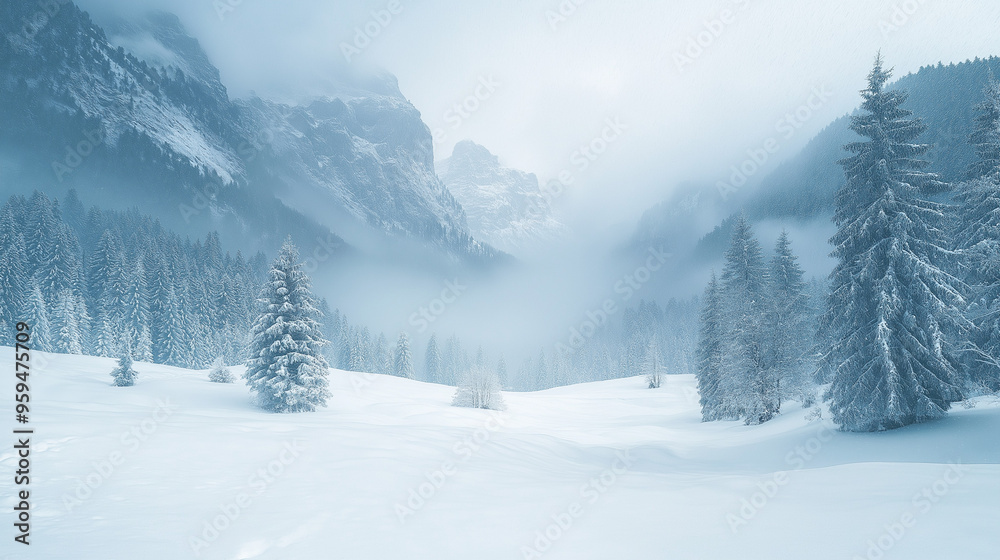 Heavy snowfall blanketing a mountain landscape, winter weather, cold and serene Heavy snowfall blanketing a mountain landscape, winter weather, cold and serene