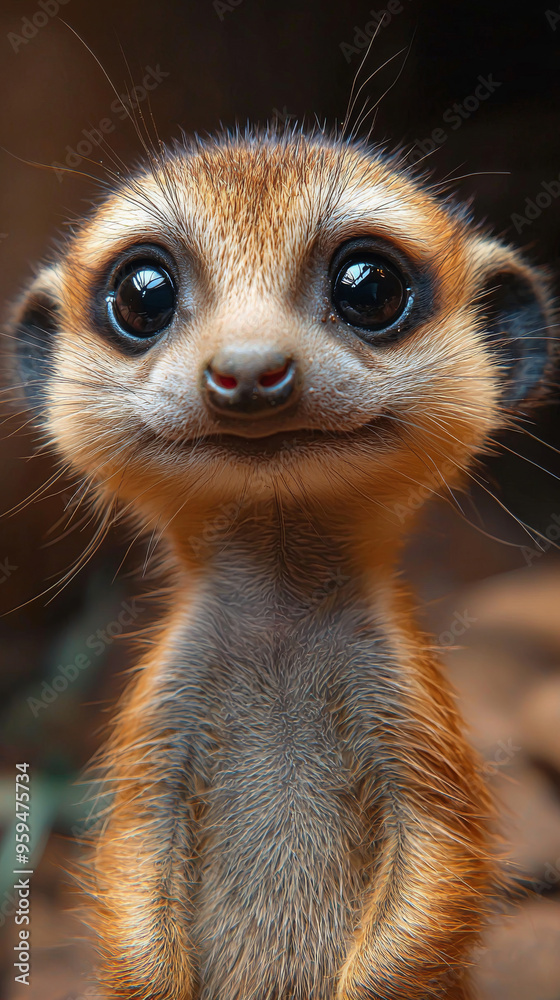 Fototapeta premium A cute meerkat with big, curious eyes stares directly at the camera.