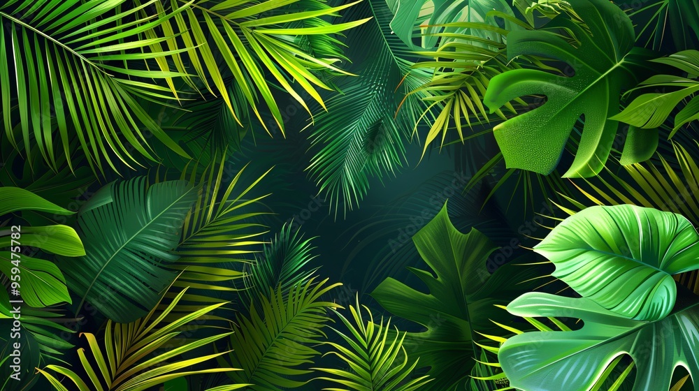 07250736 245. A horizontal tropical vector banner with a lush background of assorted palm leaves, providing a vivid jungle summer ambiance and ample copy space for text or branding
