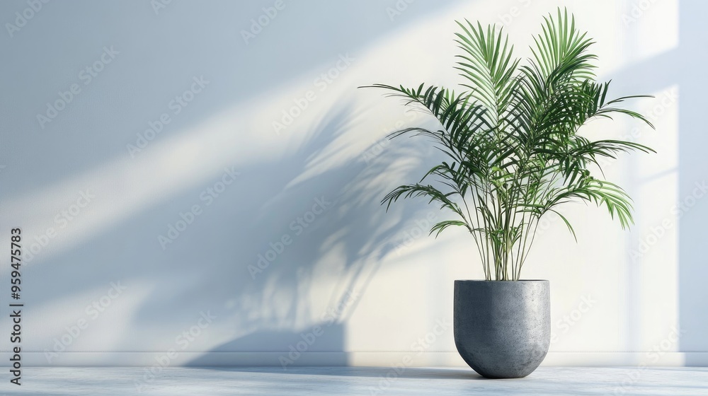 A potted palm plant stands in front of a white wall with natural light shining through the window. A potted palm plant stands in front of a white wall with natural light shining through the window.