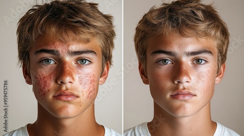 Before and after photo of a teenage boy with pimples, showing a transformation from acne-prone skin with spots and redness to clear, healthy skin, in a hyper-realistic, neutral light grey background.
 photo