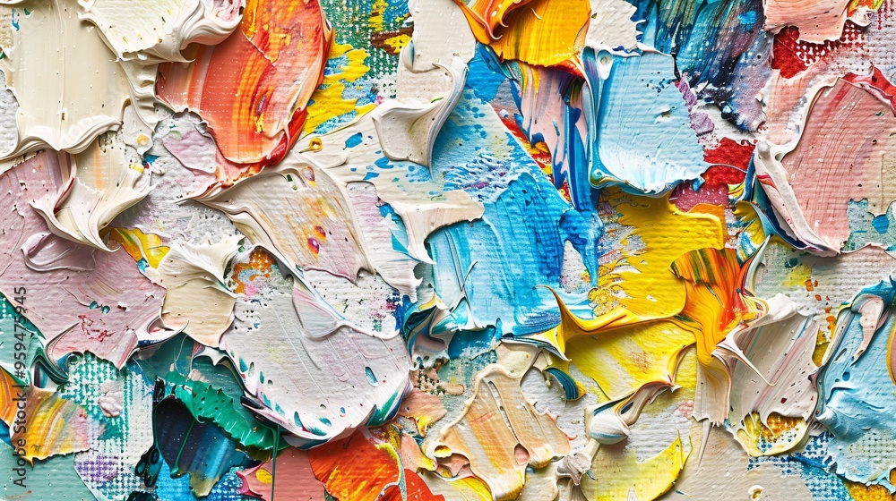 Fototapeta premium 07250736 247. A detailed fragment of an oil painting on canvas, featuring a lively composition of multicolored bright textures, with bold spots of oil paint and expressive brushstrokes that add depth