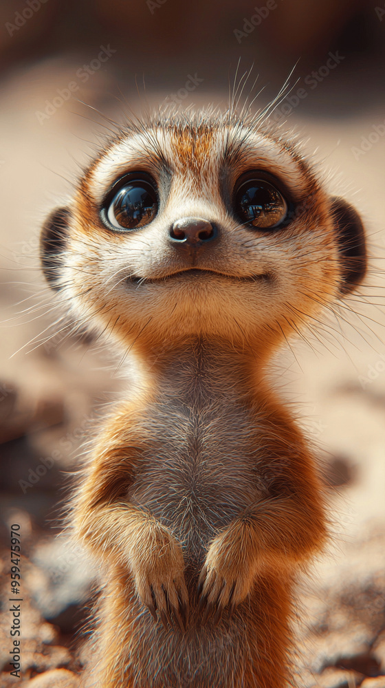 Fototapeta premium A cute meerkat with big, brown eyes looks up at the camera with a curious expression.