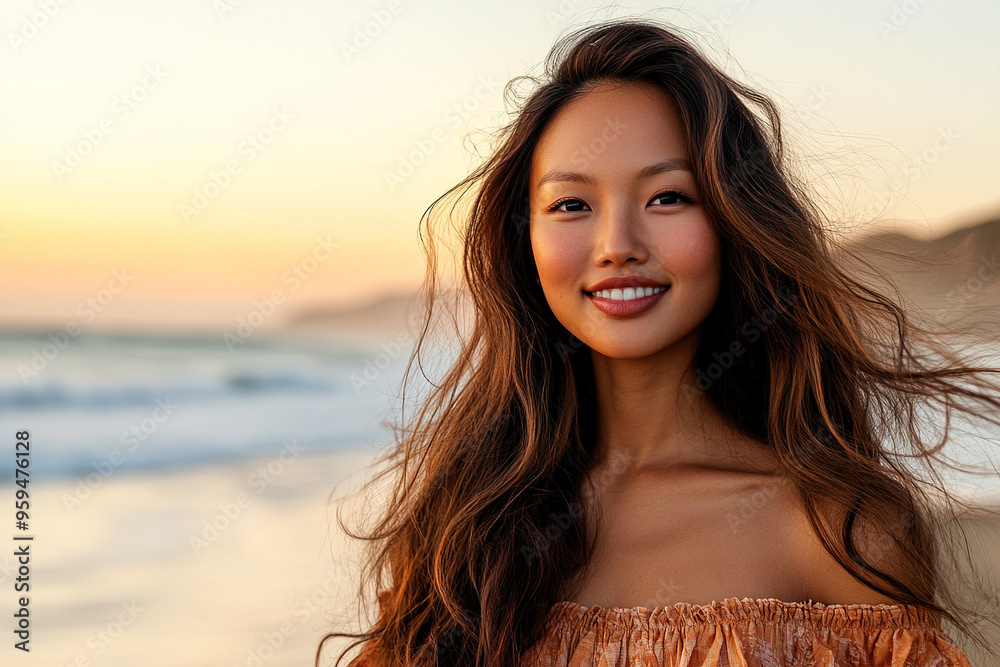 Stylish young Asian woman in off-shoulder dress at the beach, with Korean fashion influence, posing for the camera in a realistic, sunny summer vacation setting. Stylish young Asian woman in off-shoulder dress at the beach, with Korean fashion influence, posing for the camera in a realistic, sunny summer vacation setting.