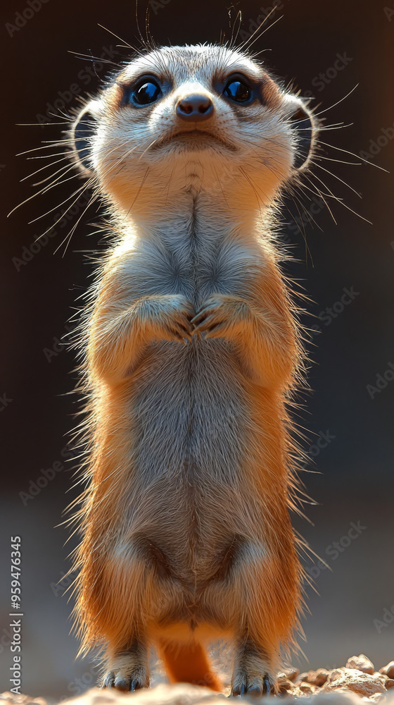 Fototapeta premium A cute meerkat stands tall and alert, its big eyes looking up with curiosity.