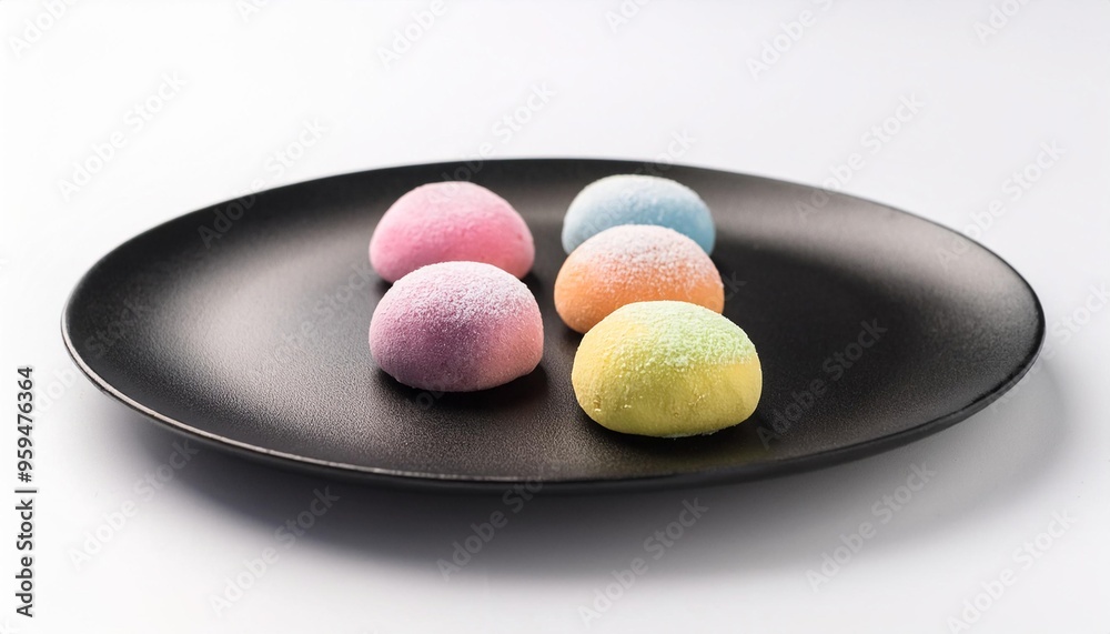 Colorfull mochi on black plate with white background isolated Colorfull mochi on black plate with white background isolated