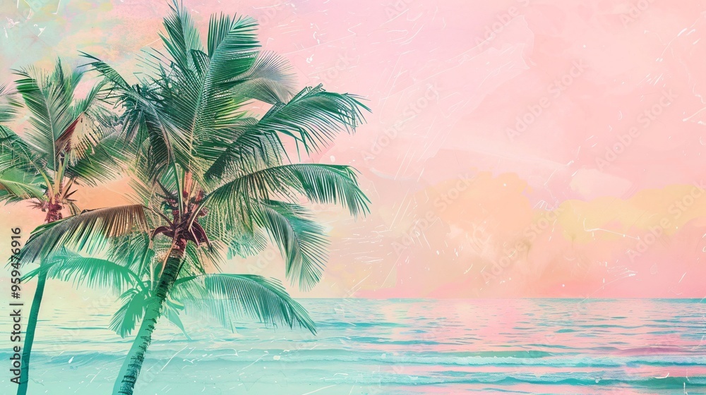 Fototapeta premium 07250736 273. An elegant summer pastel illustration with a tropical theme, featuring softly colored palm trees and palm leaves, creating a minimalistic yet visually soothing exotic beach setting