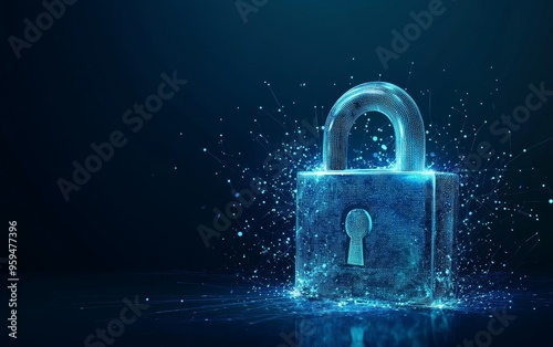 A glowing blue padlock with digital particles around it on a dark background. photo