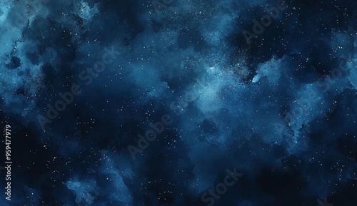 Abstract blue watercolor background with white speckles resembling stars in the night sky.