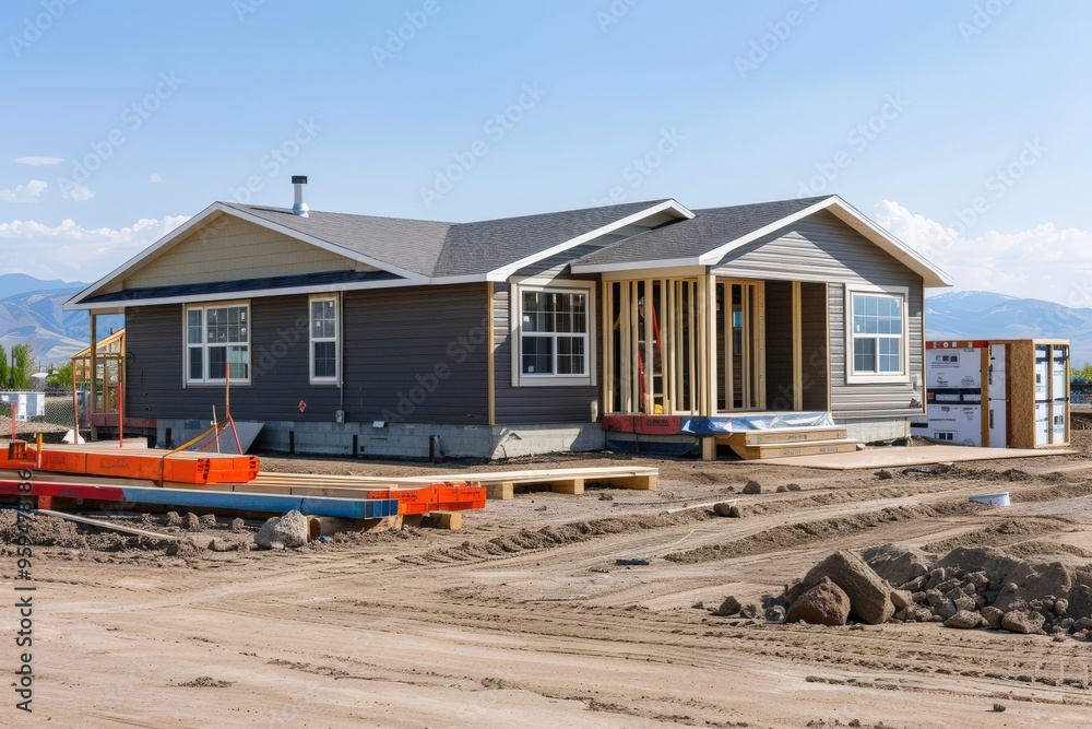 Manufactured Home at Construction Site: New Addition to House with Garage and Driveway Manufactured Home at Construction Site: New Addition to House with Garage and Driveway