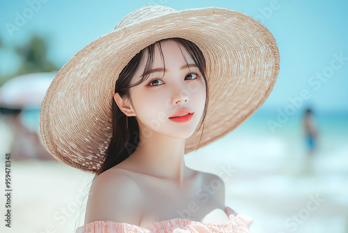 Asian woman in off-shoulder dress, styled in Korean fashion, posing at the beach for a summer vacation scene, captured in a high-resolution, photo-realistic manner.