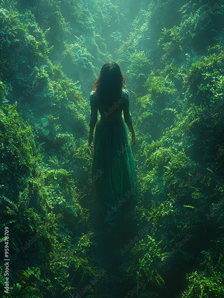 Obraz premium A woman in a flowing green dress walks through a lush, overgrown forest.