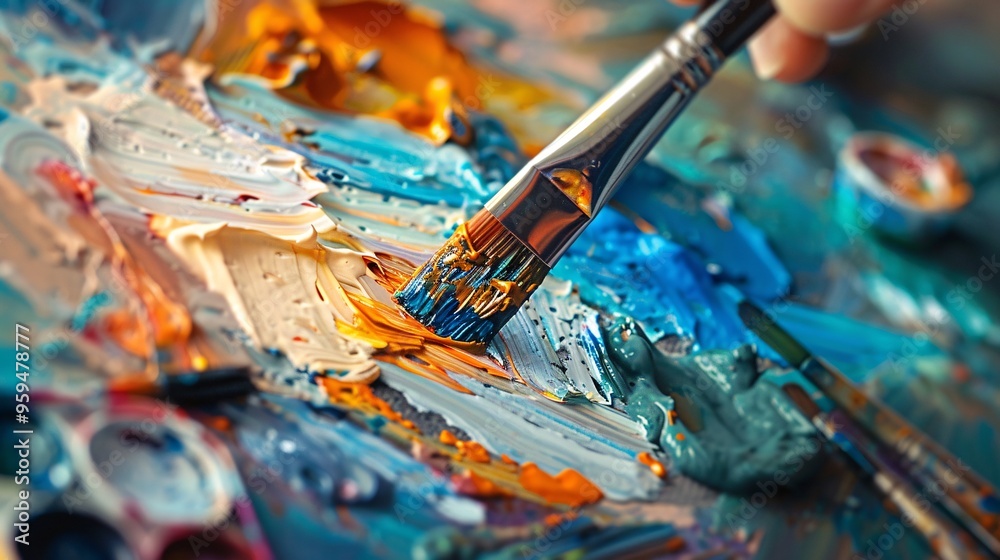 Fototapeta premium A detailed view of watercolor paint being mixed with water on a brush, just before touching the canvas. The scene includes various shades of paint and art supplies spread out