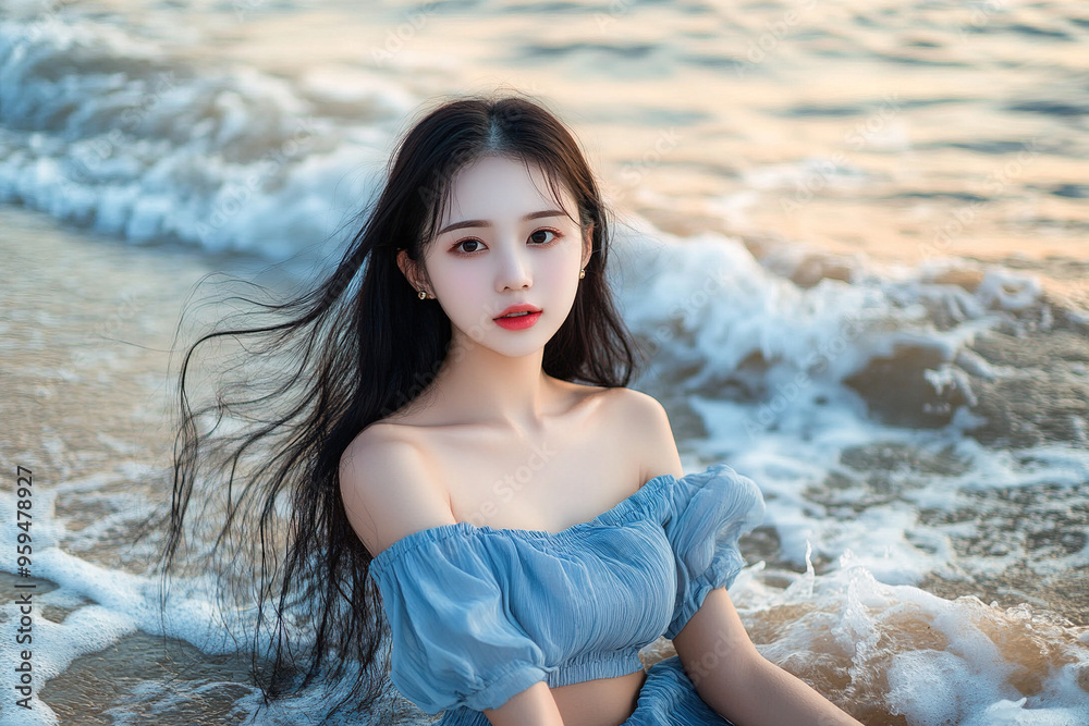 Young woman with off-shoulder dress at the beach, reflecting Korean fashion and summer charm, posing for the camera in a realistic, tranquil seaside environment. Young woman with off-shoulder dress at the beach, reflecting Korean fashion and summer charm, posing for the camera in a realistic, tranquil seaside environment.