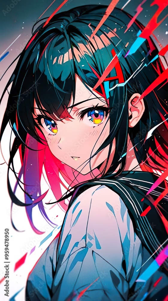 Naklejka premium Anime Girl with glitz effect illustration 