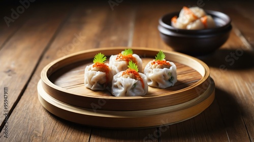 chinese dim sum dish lo mai gai isolated on a wooden plate, concept for advertisement background photo