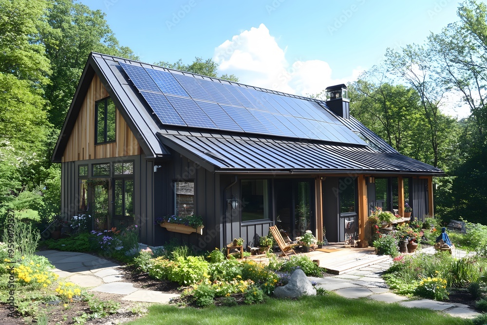 Modern Cabin with Solar Panels and Lush Garden Modern Cabin with Solar Panels and Lush Garden