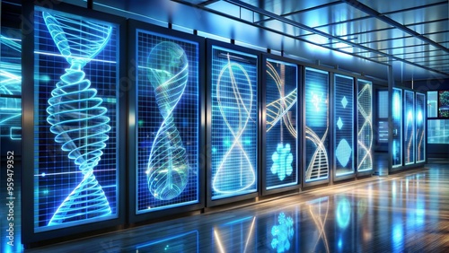 3D visualization of DNA structures on digital screens in a modern biotech research facility photo