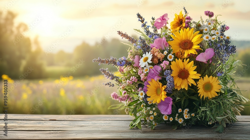 A colorful arrangement of wildflowers featuring sunflowers, daisies, and lavender sits on a weathered wooden surface as the sun sets. Generative AI A colorful arrangement of wildflowers featuring sunflowers, daisies, and lavender sits on a weathered wooden surface as the sun sets. Generative AI