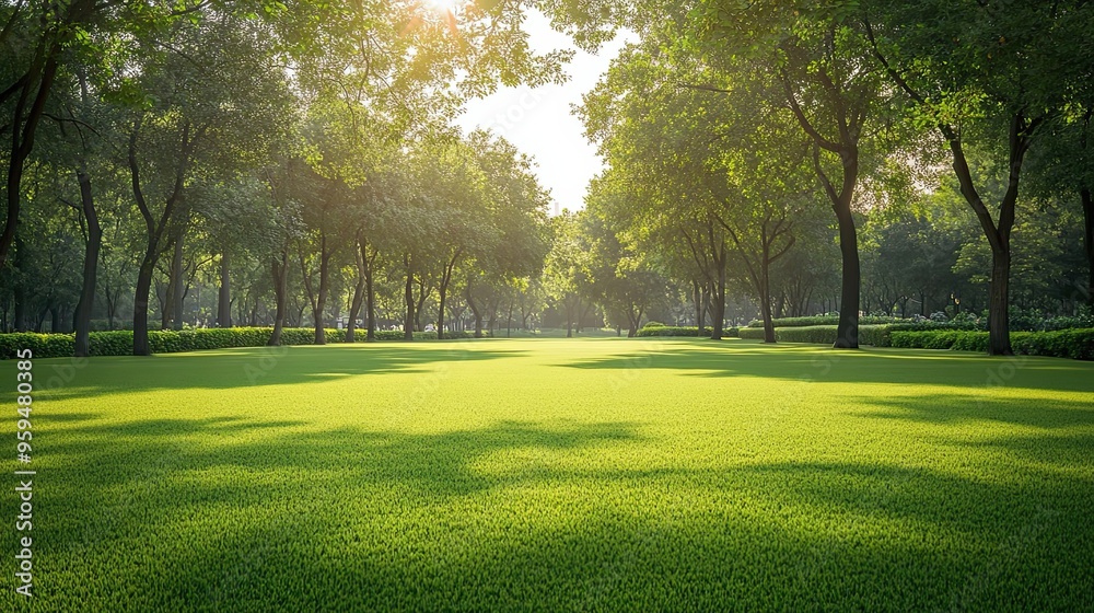 Sunlit Green Grass Field in a Tree-Lined Park Sunlit Green Grass Field in a Tree-Lined Park
