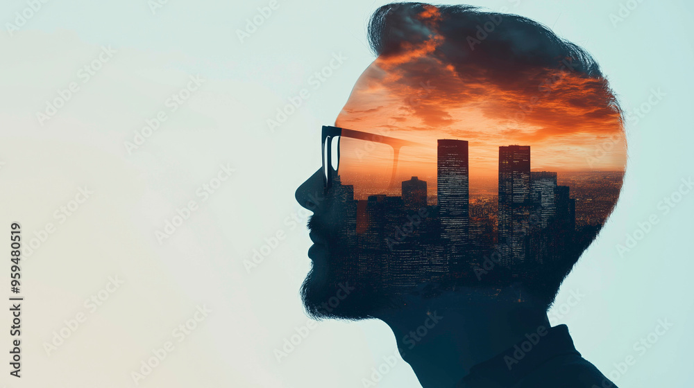 A silhouette of a man overlaid with a cityscape during sunset, symbolizing urban ambition, vision, and the fusion of human potential with the growth and energy of a modern metropolis. A silhouette of a man overlaid with a cityscape during sunset, symbolizing urban ambition, vision, and the fusion of human potential with the growth and energy of a modern metropolis.