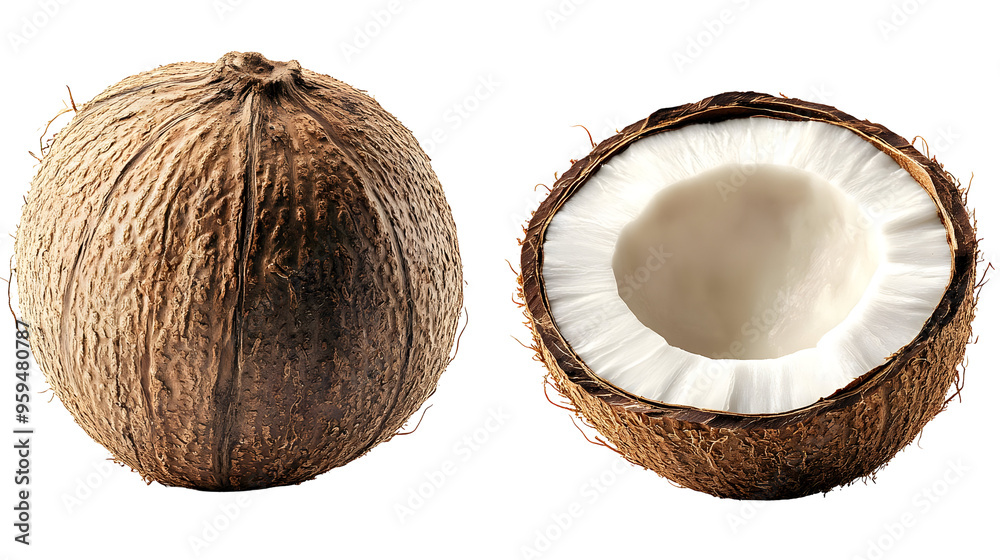 A whole coconut and a half of a coconut with the white inside showing, isolated on a transparent background. A whole coconut and a half of a coconut with the white inside showing, isolated on a transparent background.