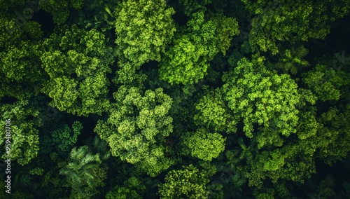 Aerial view of a dense green forest canopy.