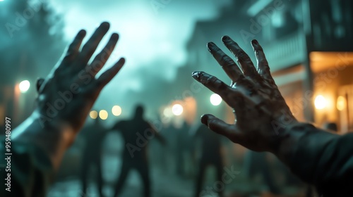 A chilling scene of hands reaching out in a dark, eerie atmosphere, surrounded by shadowy figures in a zombie apocalypse.