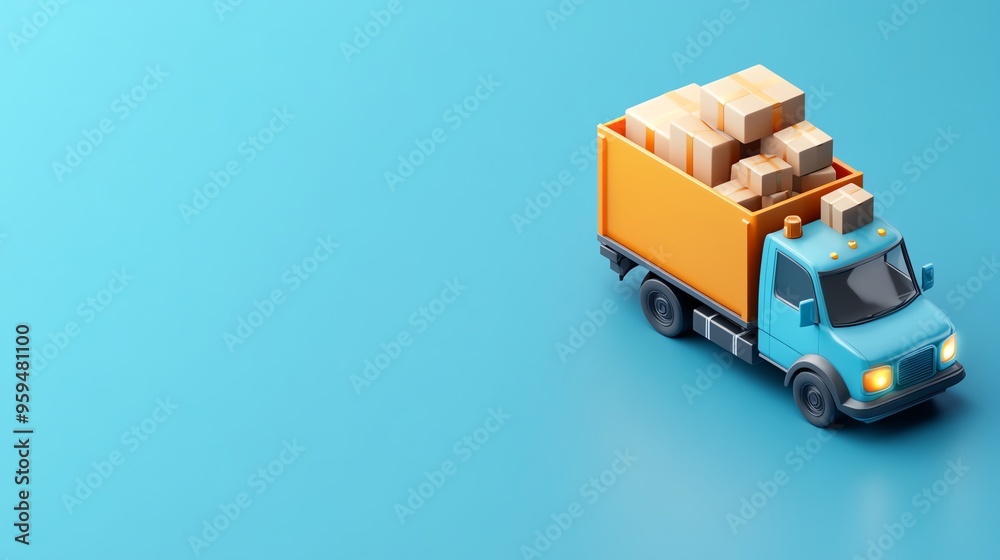 A colorful delivery truck carrying boxes on a bright blue background, ideal for logistics and shipping themes. A colorful delivery truck carrying boxes on a bright blue background, ideal for logistics and shipping themes.