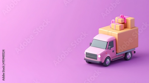 A cute pink delivery truck loaded with colorful gifts delivers joy against a pastel purple background.