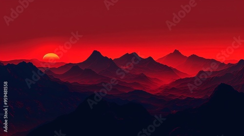 A serene twilight scene featuring the dark silhouettes of mountains against a glowing red sky, capturing the tranquil beauty of nature at dusk. The composition is both dramatic and peaceful