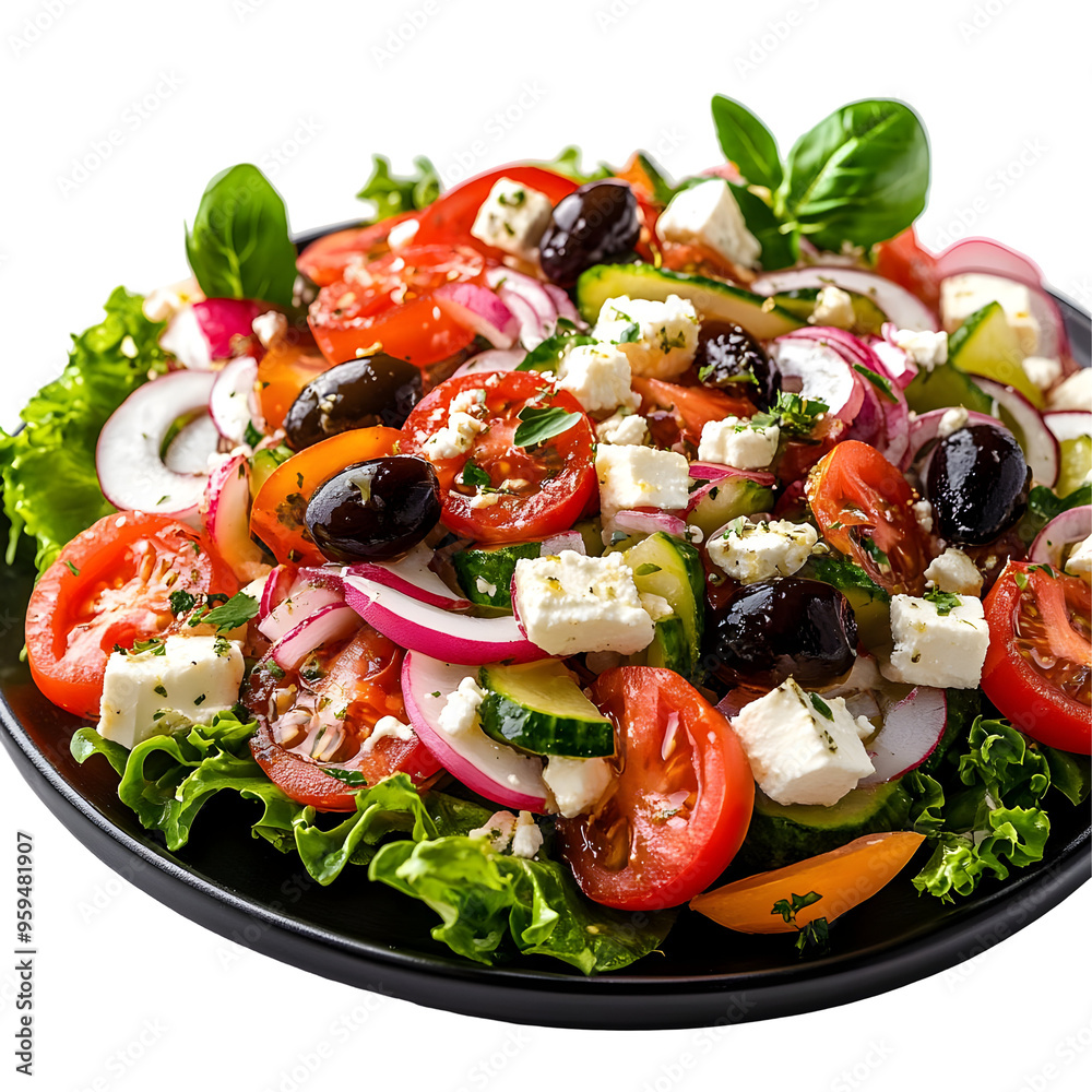 Fresh Greek salad with feta cheese, tomatoes, cucumbers, red onion, olives, and lettuce on a black plate isolated on a transparent background Fresh Greek salad with feta cheese, tomatoes, cucumbers, red onion, olives, and lettuce on a black plate isolated on a transparent background
