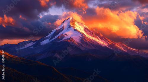 Dramatic mountain peak with snow and sunset clouds.