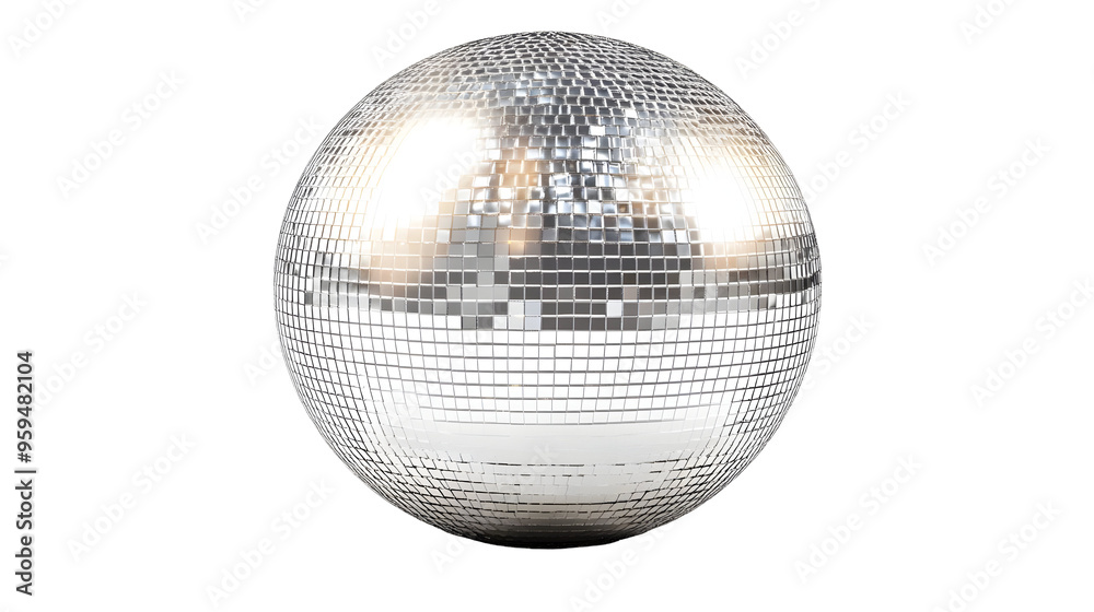 A chrome disco ball with square mirrored tiles reflecting light isolated on a transparent background. A chrome disco ball with square mirrored tiles reflecting light isolated on a transparent background.