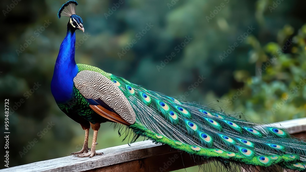 Naklejka premium A vibrant peacock displaying its colorful feathers in a lush environment, showcasing nature's beauty and elegance.