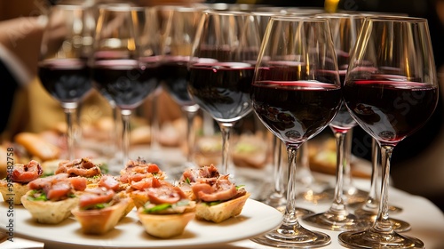 Elegant wine glasses filled with deep red wine paired with exquisite tapas